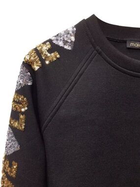 Maje Black Crewneck Sweater with Gold & Silver Sequin Sleeve Embellishment